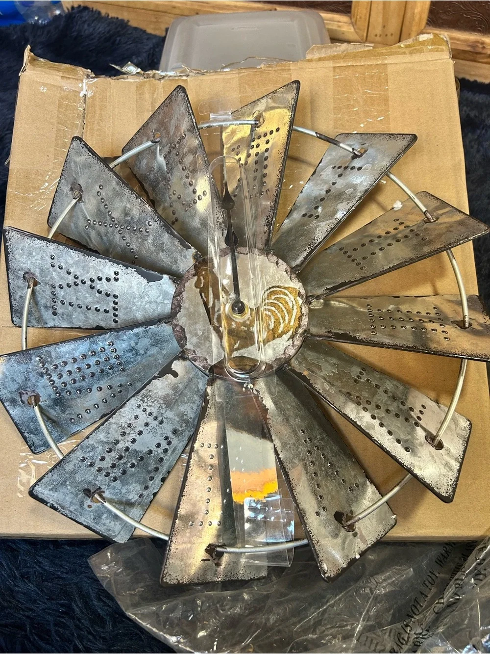 14.25 inch rustic galvanized metal windmill wall clock Roman numerals rooster